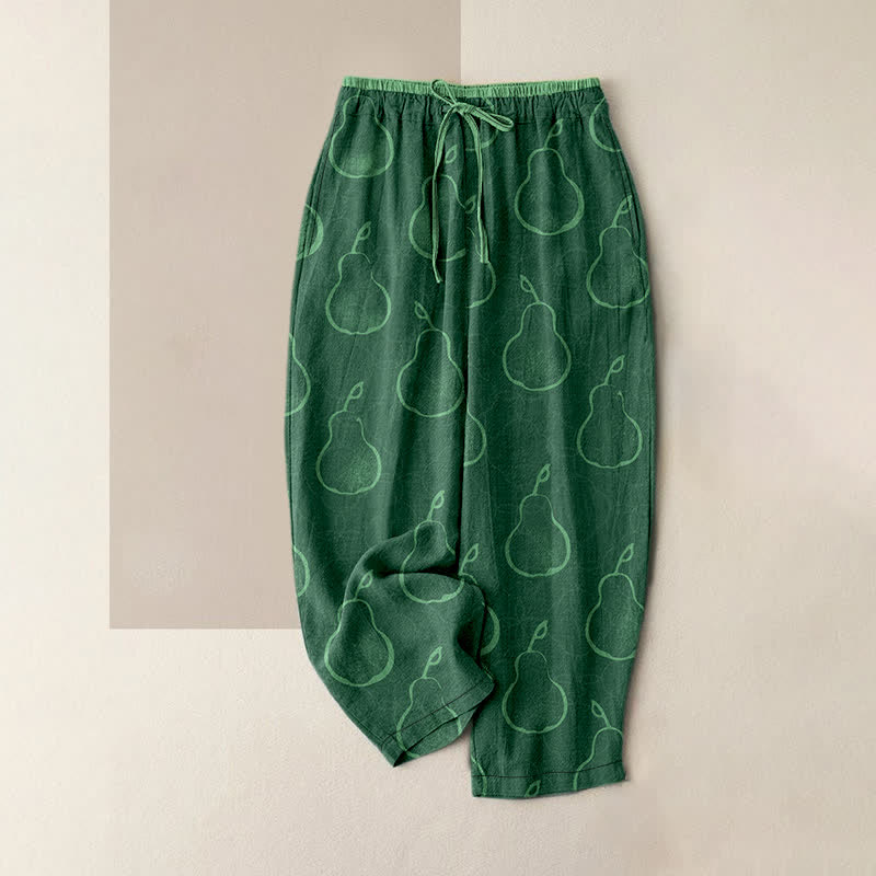 Buddha Stones Pure Cotton Delicate Pear Pattern Women's Elastic Waist Pants With Pockets - ForestGreen - US16，UK/AU20，EU48 (3XL) - image 0