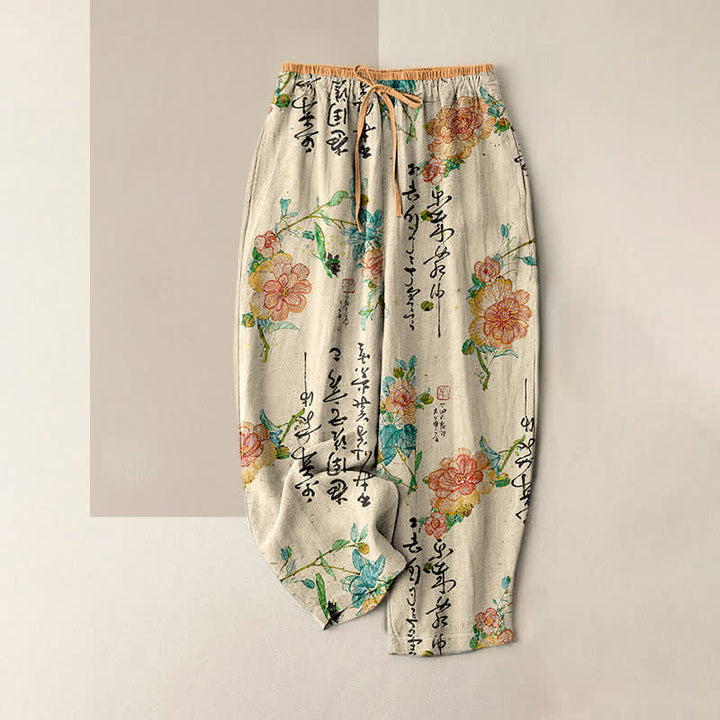 Buddha Stones Pure Cotton Vintage Floral Calligraphy Pattern Women's Elastic Waist Pants With Pockets - Beige - US16，UK/AU20，EU48 (3XL) - image 0