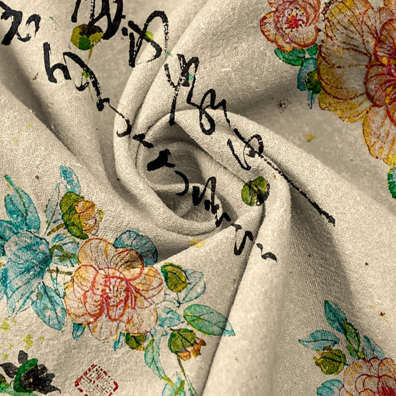 Buddha Stones Pure Cotton Vintage Floral Calligraphy Pattern Women's Elastic Waist Pants With Pockets - image 2