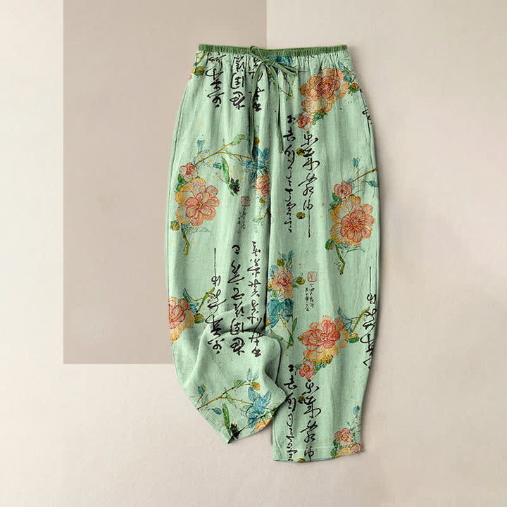Buddha Stones Pure Cotton Vintage Floral Calligraphy Pattern Women's Elastic Waist Pants With Pockets - LightGreen - US16，UK/AU20，EU48 (3XL) - image 3