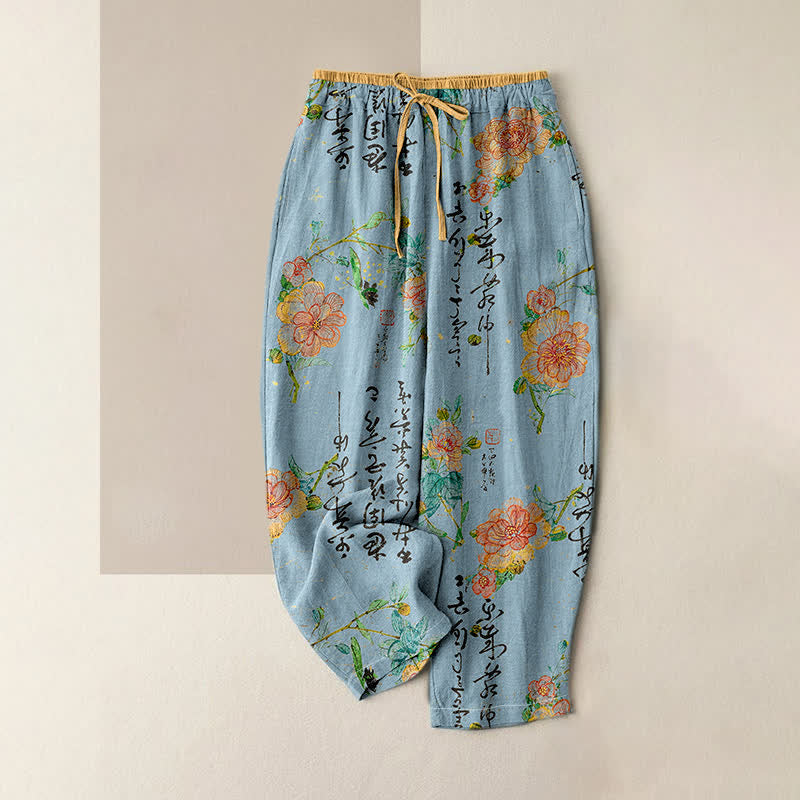 Buddha Stones Pure Cotton Vintage Floral Calligraphy Pattern Women's Elastic Waist Pants With Pockets - LightBlue - US16，UK/AU20，EU48 (3XL) - image 4