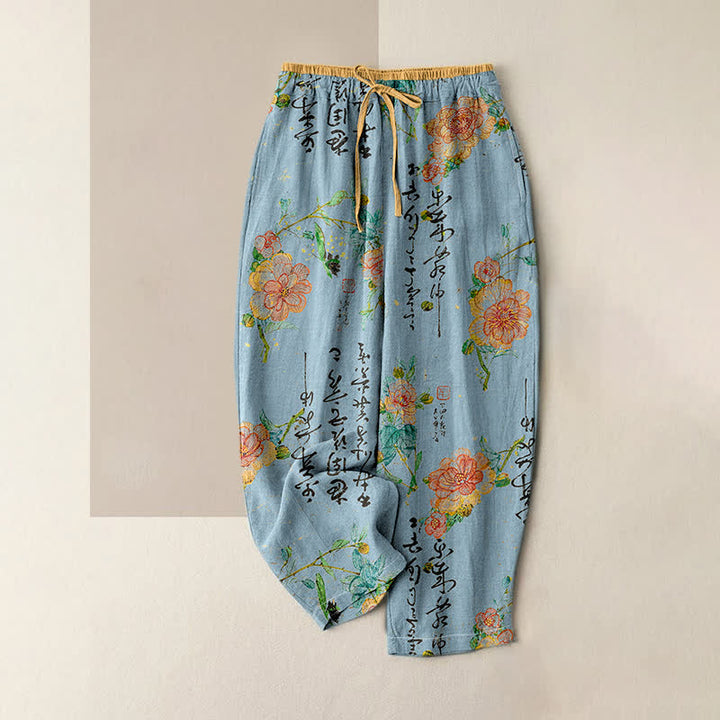 Buddha Stones Pure Cotton Vintage Floral Calligraphy Pattern Women's Elastic Waist Pants With Pockets - LightBlue - US16，UK/AU20，EU48 (3XL) - image 4