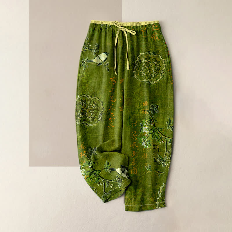 Buddha Stones Pure Cotton Bohemian Floral Bird Pattern Women's Elastic Waist Pants With Pockets - Olive - US16，UK/AU20，EU48 (3XL) - image 3