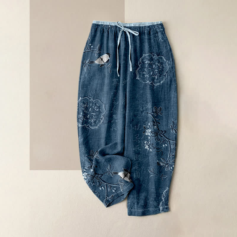 Buddha Stones Pure Cotton Bohemian Floral Bird Pattern Women's Elastic Waist Pants With Pockets - SteelBlue - US16，UK/AU20，EU48 (3XL) - image 4