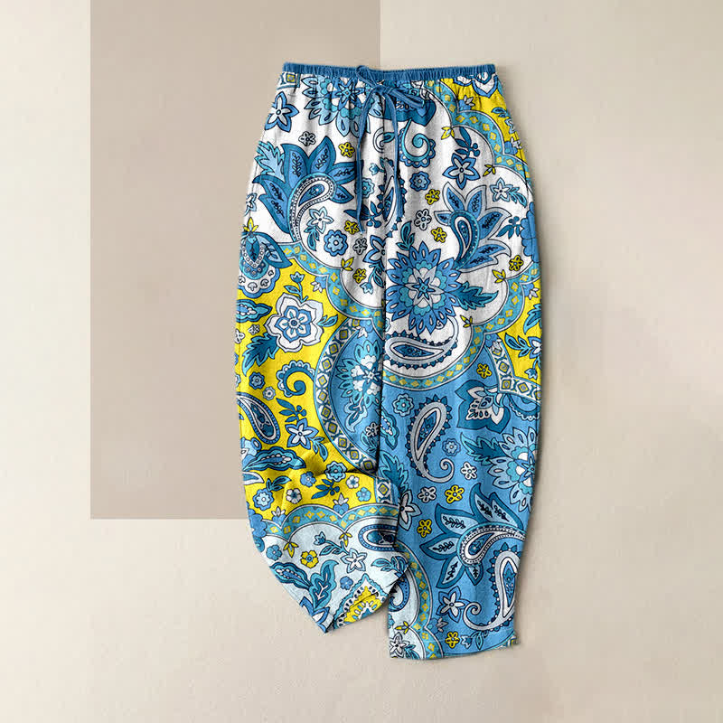 Buddha Stones Pure Cotton Bohemian Paisley Floral Pattern Women's Elastic Waist Pants With Pockets - Turquoise - US16，UK/AU20，EU48 (3XL) - image 0