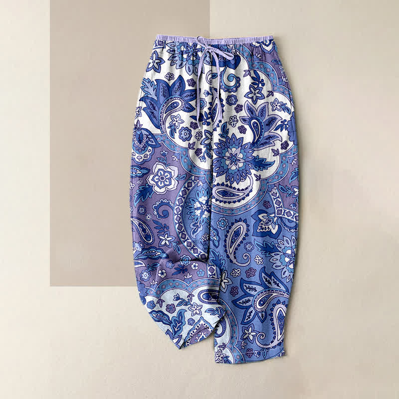 Buddha Stones Pure Cotton Bohemian Paisley Floral Pattern Women's Elastic Waist Pants With Pockets - MediumPurple - US16，UK/AU20，EU48 (3XL) - image 3