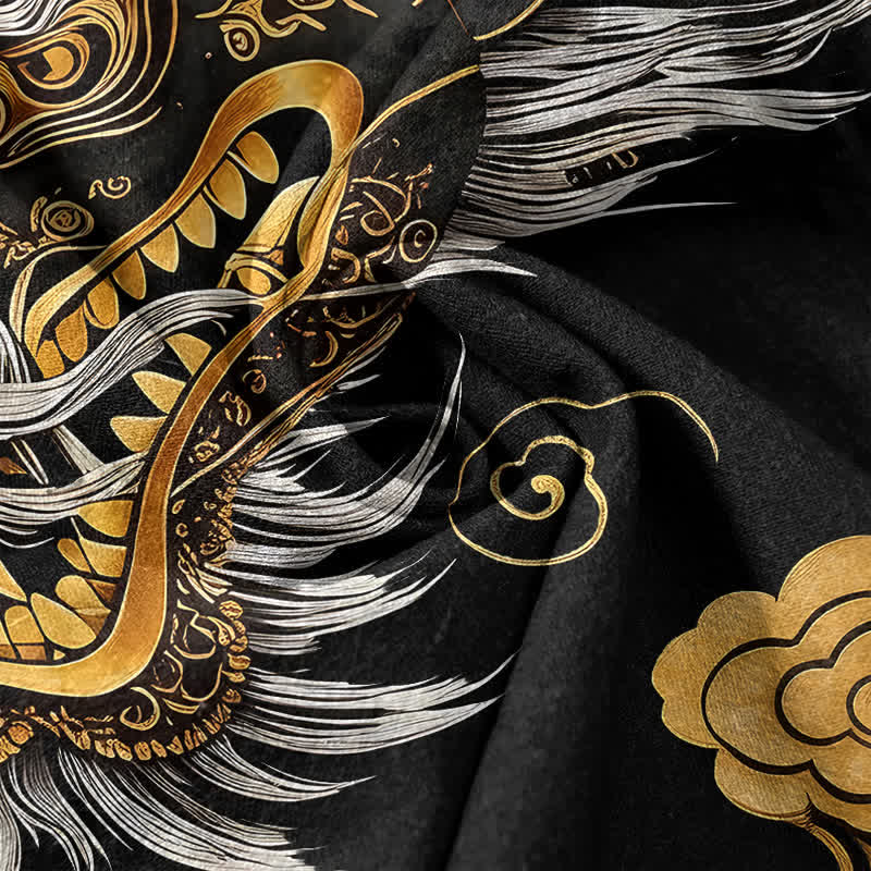 Buddha Stones Cotton Golden Dragon Pattern Men's Short Sleeve Half Button Shirt - image 4