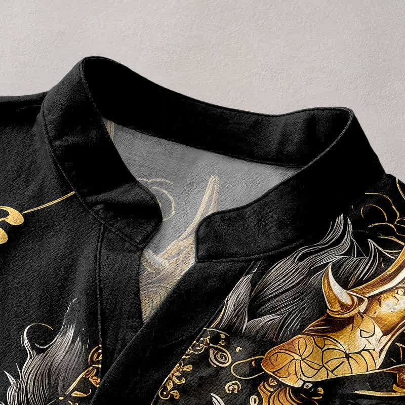Buddha Stones Cotton Golden Dragon Pattern Men's Short Sleeve Half Button Shirt - image 2