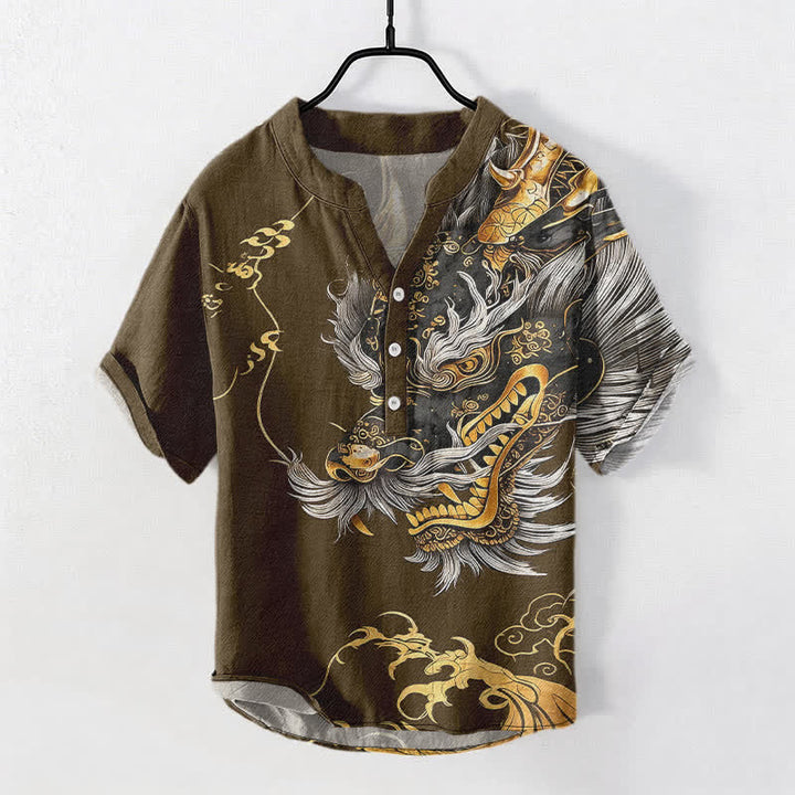 Buddha Stones Cotton Golden Dragon Pattern Men's Short Sleeve Half Button Shirt - SaddleBrown - US/UK/AU50，EU60 (5XL) - image 7