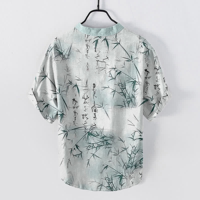 Buddha Stones Cotton Ink Bamboo Calligraphy Pattern Men's Short Sleeve Half Button Shirt - image 1