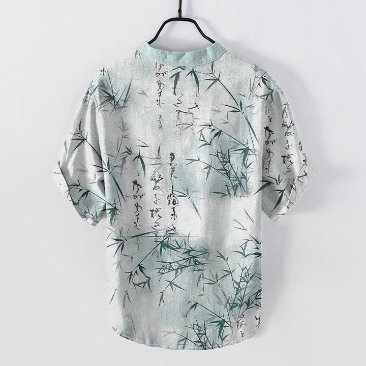 Buddha Stones Cotton Ink Bamboo Calligraphy Pattern Men's Short Sleeve Half Button Shirt - image 1