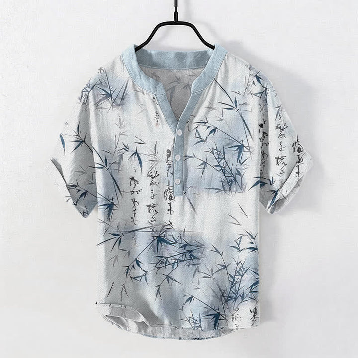 Buddha Stones Cotton Ink Bamboo Calligraphy Pattern Men's Short Sleeve Half Button Shirt - LightBlue - US/UK/AU50，EU60 (5XL) - image 3