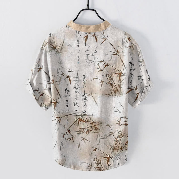 Buddha Stones Cotton Ink Bamboo Calligraphy Pattern Men's Short Sleeve Half Button Shirt - image 6