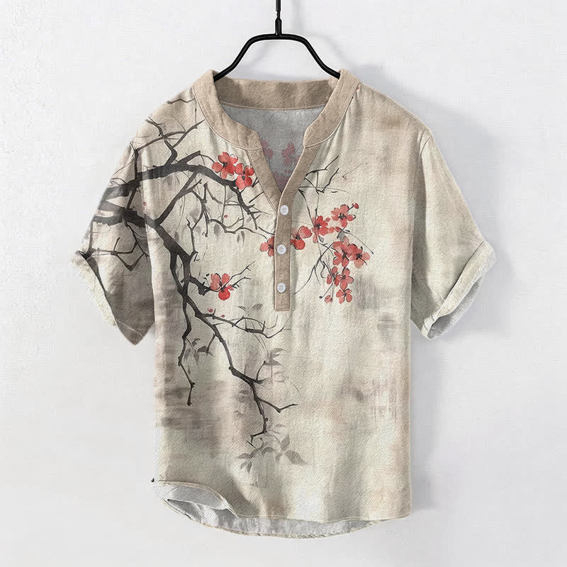 Buddha Stones Cotton Plum Blossom Branch Pattern Men's Short Sleeve Half Button Shirt - Linen - US/UK/AU50，EU60 (5XL) - image 0