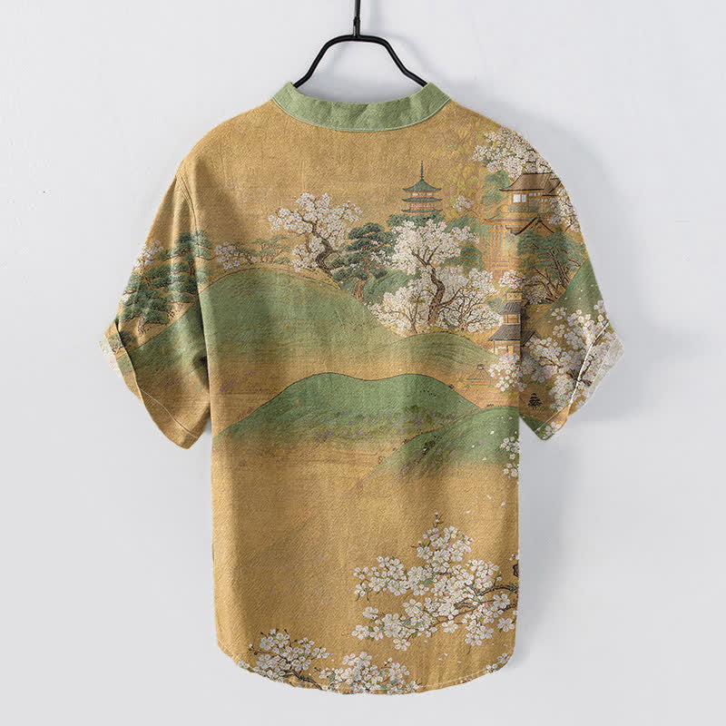 Buddha Stones Cotton Mountain Blossom Pattern Men's Short Sleeve Half Button Shirt - image 1