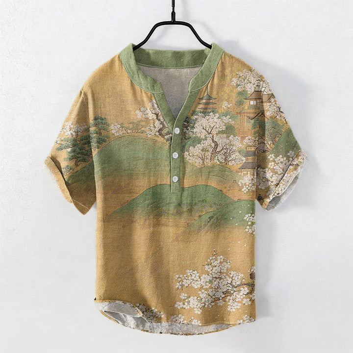 Buddha Stones Cotton Mountain Blossom Pattern Men's Short Sleeve Half Button Shirt - Tan - US/UK/AU50，EU60 (5XL) - image 0