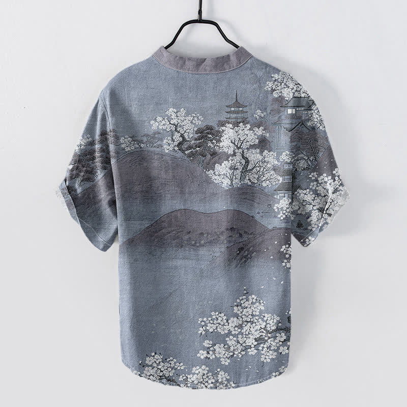 Buddha Stones Cotton Mountain Blossom Pattern Men's Short Sleeve Half Button Shirt - image 4