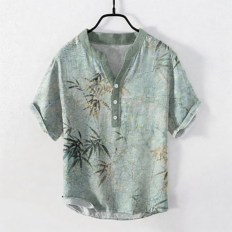 Buddha Stones Cotton Ink Bamboo Leaf Pattern Men's Short Sleeve Half Button Shirt - MediumAquamarine - US/UK/AU50，EU60 (5XL) - image 0