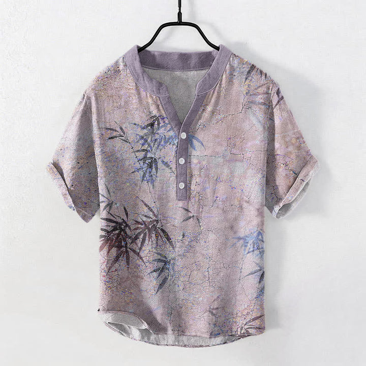 Buddha Stones Cotton Ink Bamboo Leaf Pattern Men's Short Sleeve Half Button Shirt - Thistle - US/UK/AU50，EU60 (5XL) - image 3