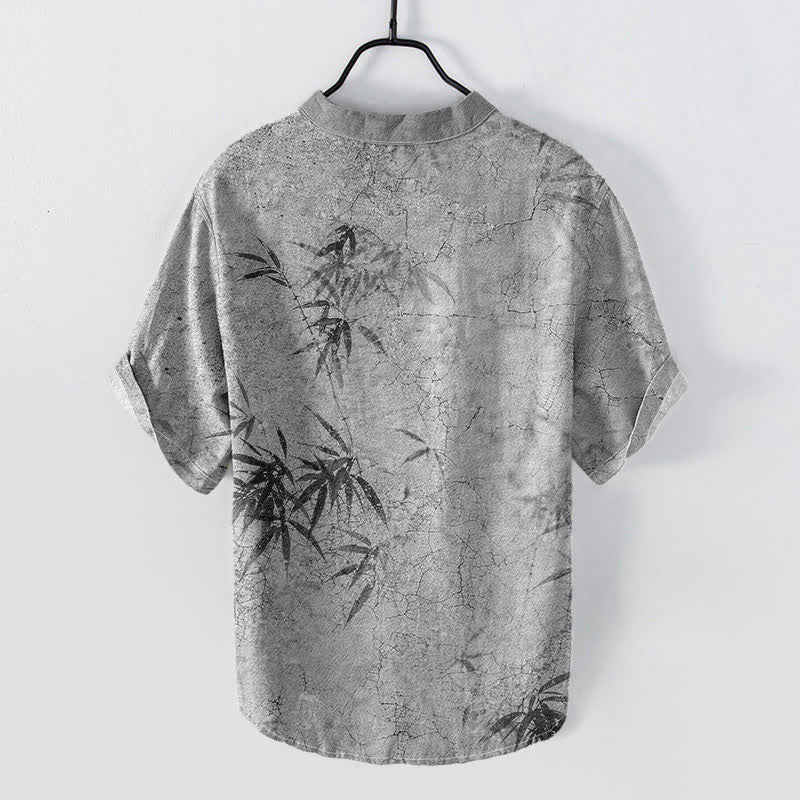 Buddha Stones Cotton Ink Bamboo Leaf Pattern Men's Short Sleeve Half Button Shirt - image 6