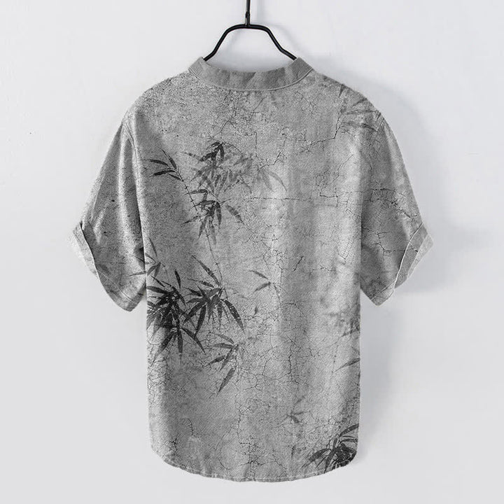 Buddha Stones Cotton Ink Bamboo Leaf Pattern Men's Short Sleeve Half Button Shirt - image 6