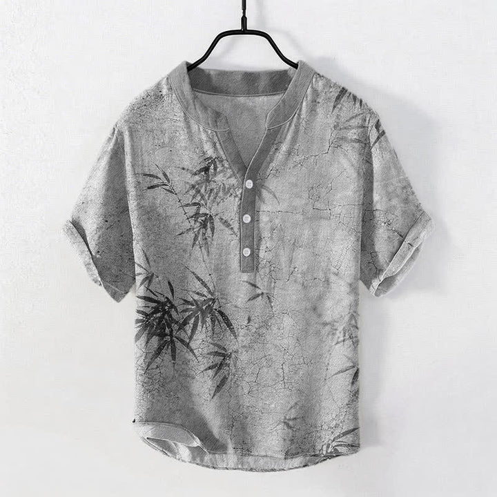 Buddha Stones Cotton Ink Bamboo Leaf Pattern Men's Short Sleeve Half Button Shirt - LightGrey - US/UK/AU50，EU60 (5XL) - image 5