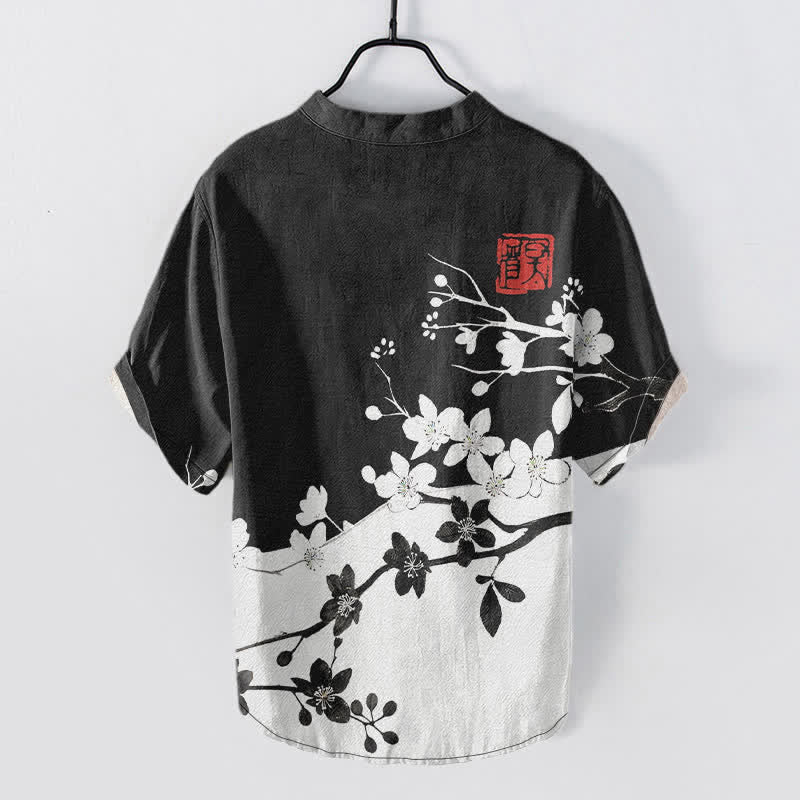 Buddha Stones Cotton Plum Blossom Branch Pattern Men's Short Sleeve Half Button Shirt - image 1