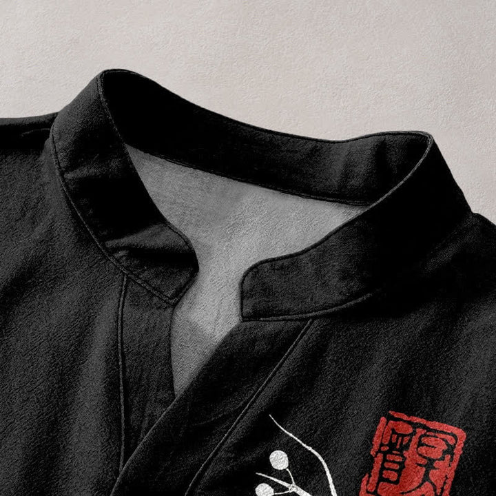 Buddha Stones Cotton Plum Blossom Branch Pattern Men's Short Sleeve Half Button Shirt - image 2