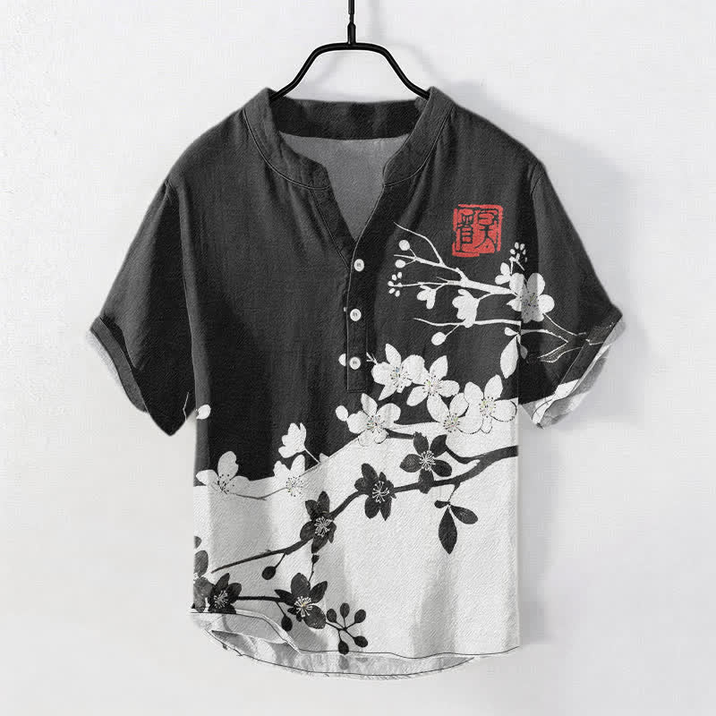 Buddha Stones Cotton Plum Blossom Branch Pattern Men's Short Sleeve Half Button Shirt - Black - US/UK/AU50，EU60 (5XL) - image 0