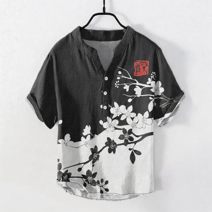 Buddha Stones Cotton Plum Blossom Branch Pattern Men's Short Sleeve Half Button Shirt - Black - US/UK/AU50，EU60 (5XL) - image 0