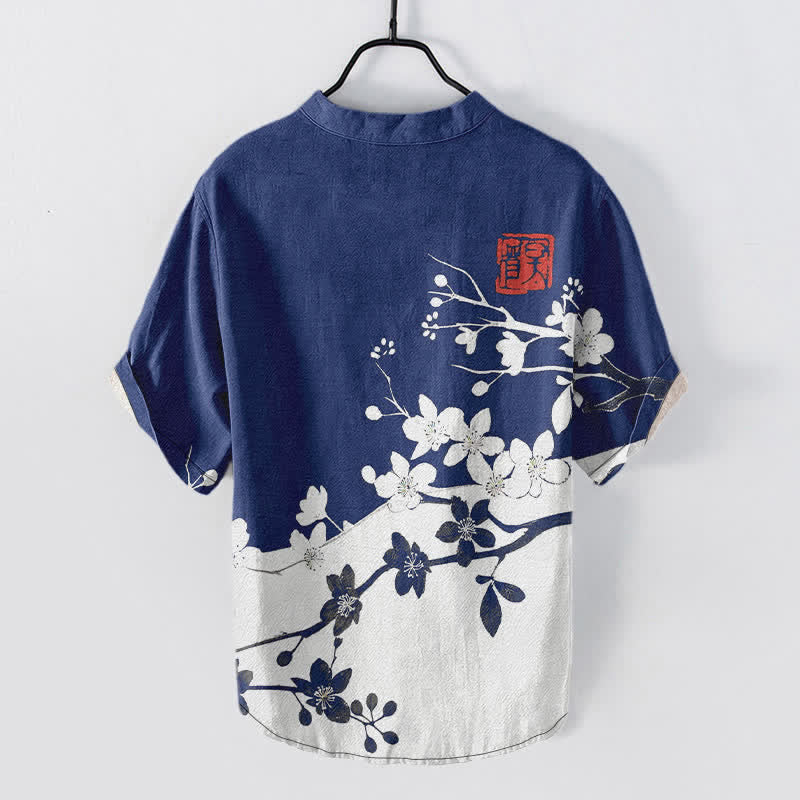 Buddha Stones Cotton Plum Blossom Branch Pattern Men's Short Sleeve Half Button Shirt - image 6