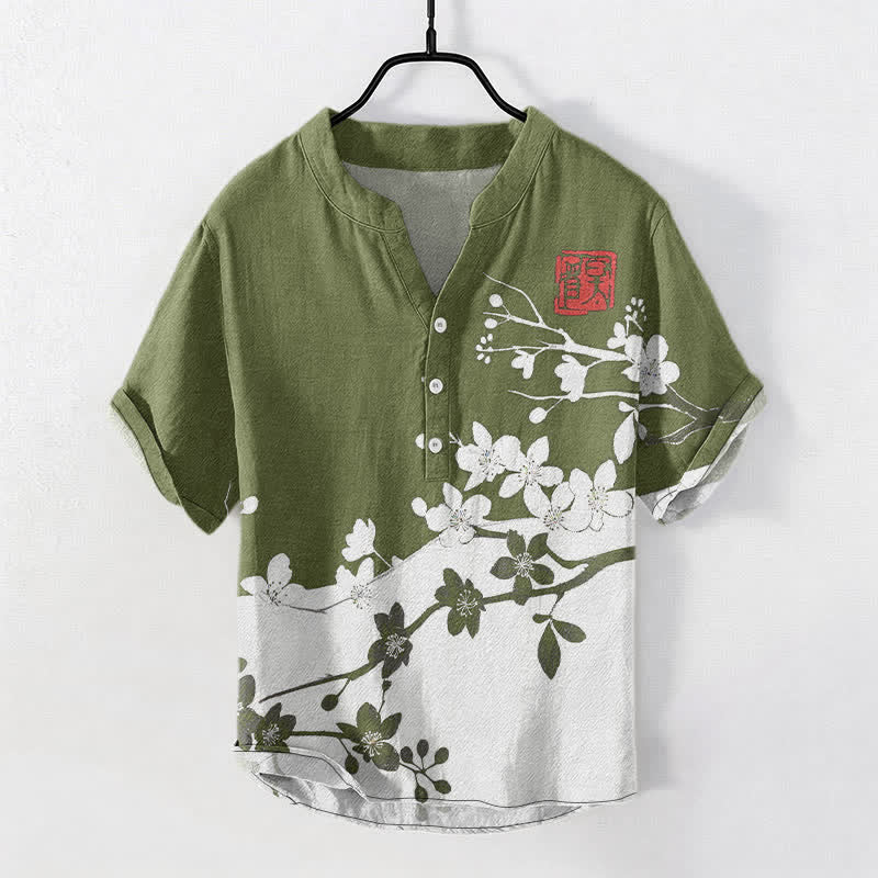 Buddha Stones Cotton Plum Blossom Branch Pattern Men's Short Sleeve Half Button Shirt - OliveDrab - US/UK/AU50，EU60 (5XL) - image 7
