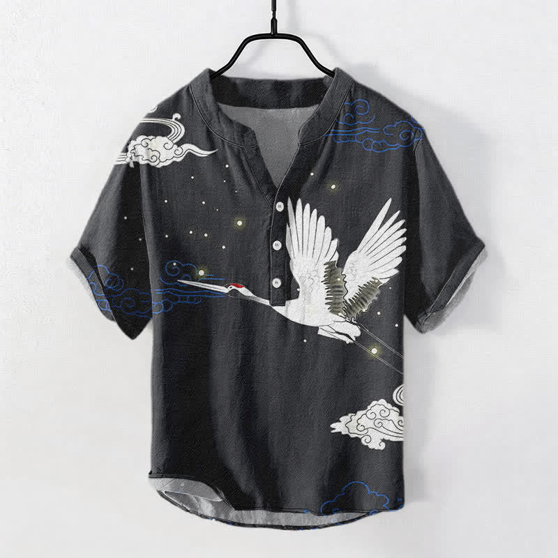 Buddha Stones Cotton Flying Crane Cloud Pattern Men's Short Sleeve Half Button Shirt - Black - US/UK/AU50，EU60 (5XL) - image 0
