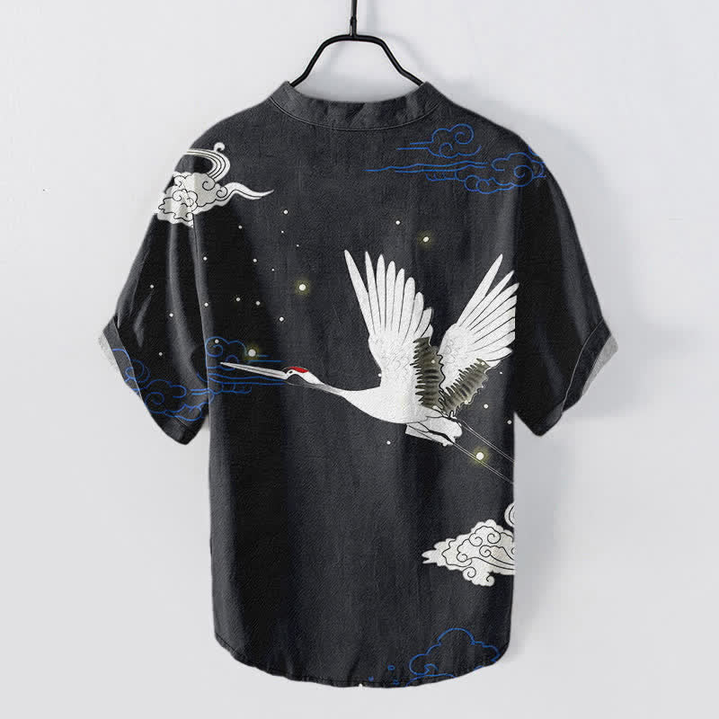Buddha Stones Cotton Flying Crane Cloud Pattern Men's Short Sleeve Half Button Shirt - image 1
