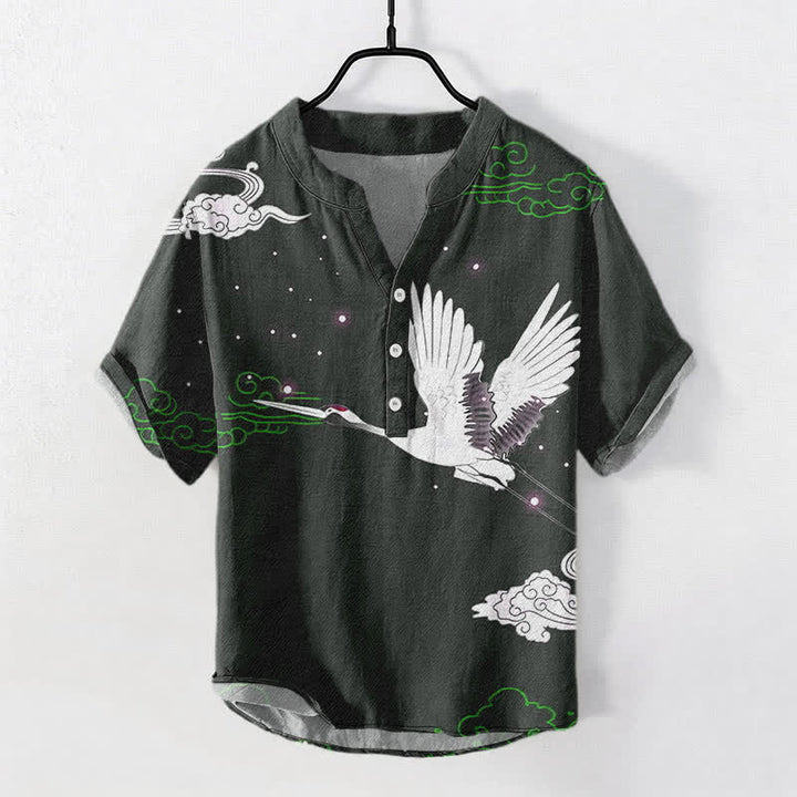 Buddha Stones Cotton Flying Crane Cloud Pattern Men's Short Sleeve Half Button Shirt - DarkSlateGray - US/UK/AU50，EU60 (5XL) - image 5
