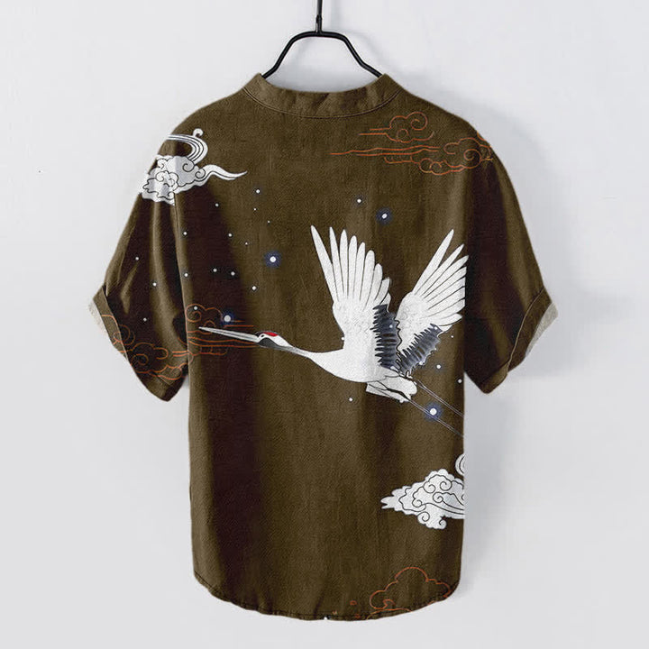 Buddha Stones Cotton Flying Crane Cloud Pattern Men's Short Sleeve Half Button Shirt - image 8