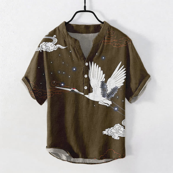 Buddha Stones Cotton Flying Crane Cloud Pattern Men's Short Sleeve Half Button Shirt - Sienna - US/UK/AU50，EU60 (5XL) - image 7