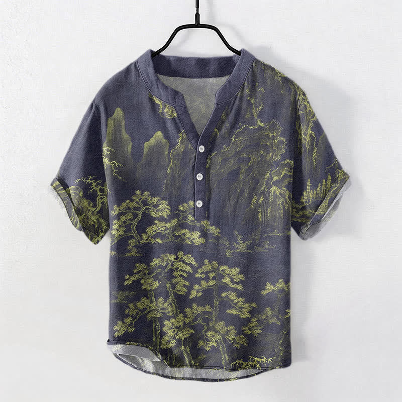 Buddha Stones Cotton Golden Mountain Pine Pattern Men's Short Sleeve Half Button Shirt - YellowGreen - US/UK/AU50，EU60 (5XL) - image 5