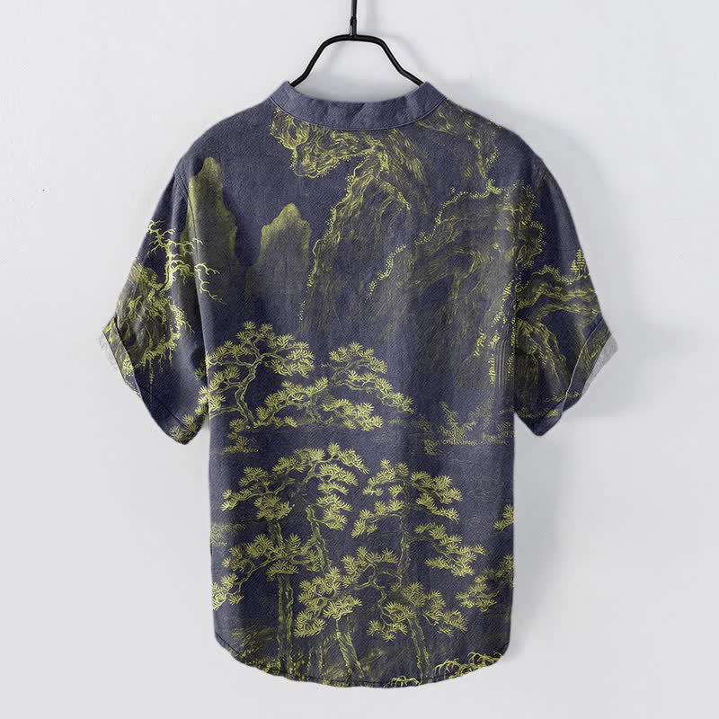 Buddha Stones Cotton Golden Mountain Pine Pattern Men's Short Sleeve Half Button Shirt - image 6