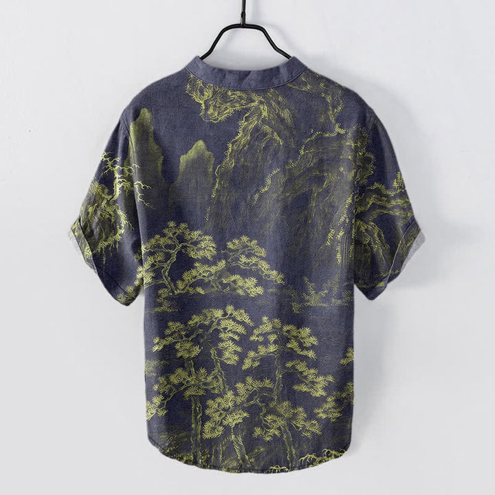 Buddha Stones Cotton Golden Mountain Pine Pattern Men's Short Sleeve Half Button Shirt - image 6