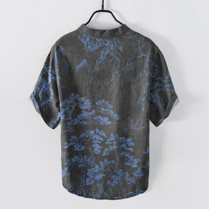 Buddha Stones Cotton Golden Mountain Pine Pattern Men's Short Sleeve Half Button Shirt - image 8