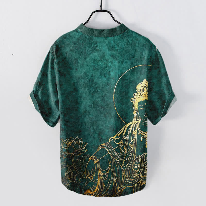 Buddha Stones Cotton Golden Buddha Lotus Pattern Men's Short Sleeve Half Button Shirt - image 1