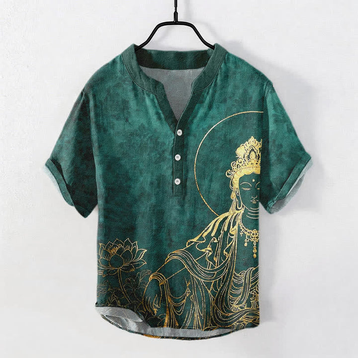 Buddha Stones Cotton Golden Buddha Lotus Pattern Men's Short Sleeve Half Button Shirt - SeaGreen - US/UK/AU50，EU60 (5XL) - image 0
