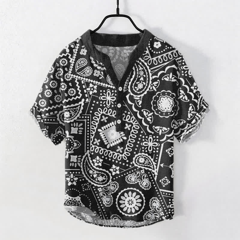 Buddha Stones Cotton Classic White Paisley Pattern Men's Short Sleeve Half Button Shirt - Black - US/UK/AU50，EU60 (5XL) - image 0