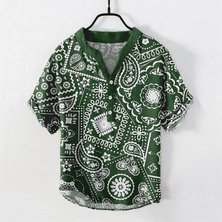 Buddha Stones Cotton Classic White Paisley Pattern Men's Short Sleeve Half Button Shirt - ForestGreen - US/UK/AU50，EU60 (5XL) - image 7