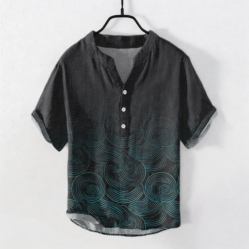 Buddha Stones Cotton Concentric Ripple Pattern Men's Short Sleeve Half Button Shirt - Black - US/UK/AU50，EU60 (5XL) - image 0