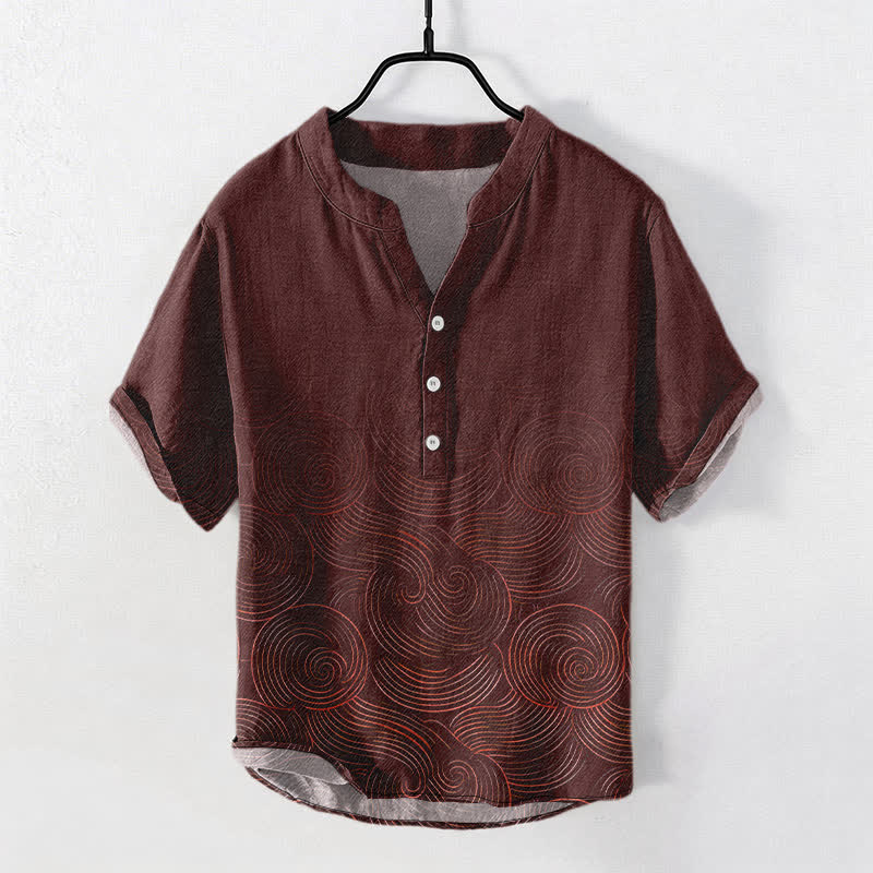 Buddha Stones Cotton Concentric Ripple Pattern Men's Short Sleeve Half Button Shirt - Maroon - US/UK/AU50，EU60 (5XL) - image 5