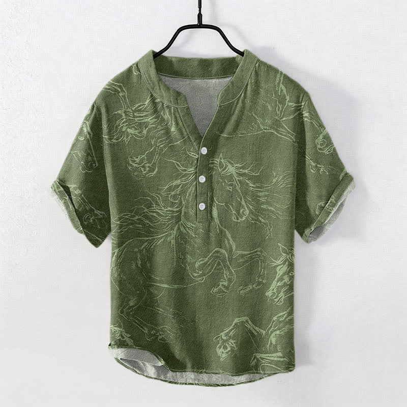 Buddha Stones Cotton Running Horse Line Pattern Men's Short Sleeve Half Button Shirt - OliveDrab - US/UK/AU50，EU60 (5XL) - image 0
