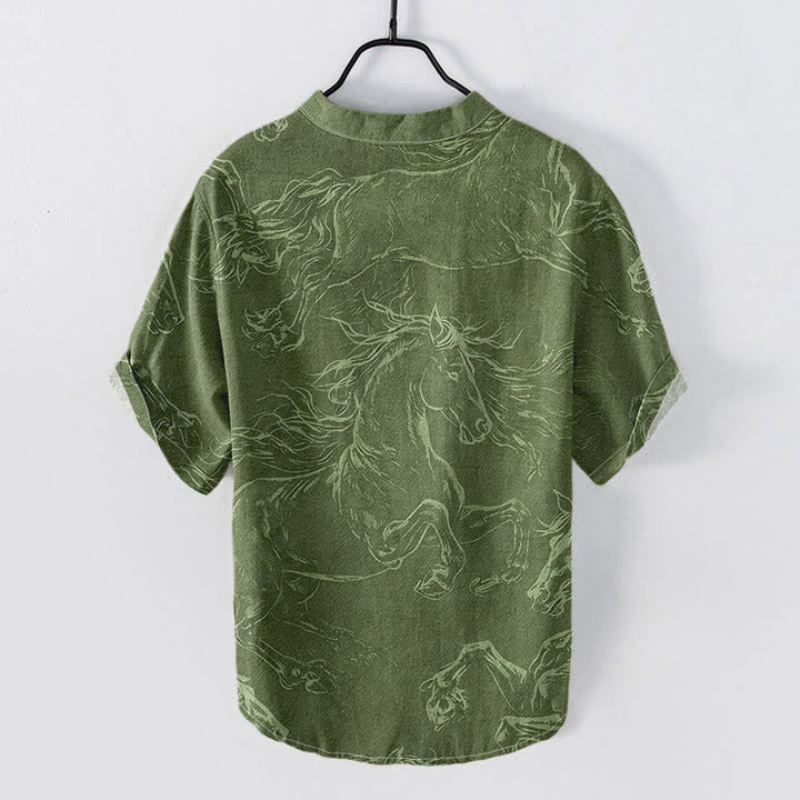 Buddha Stones Cotton Running Horse Line Pattern Men's Short Sleeve Half Button Shirt - image 1