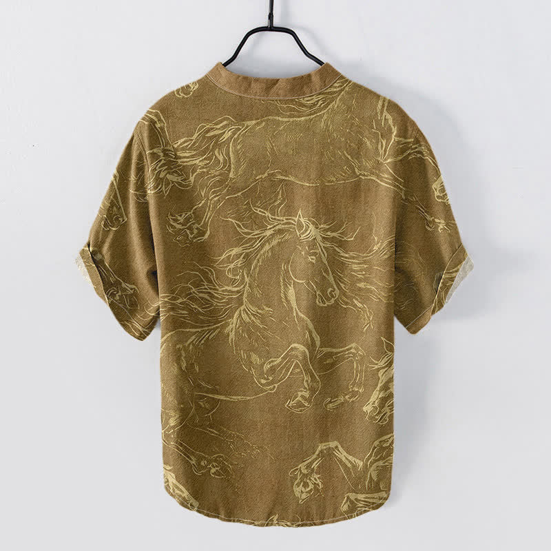 Buddha Stones Cotton Running Horse Line Pattern Men's Short Sleeve Half Button Shirt - image 4